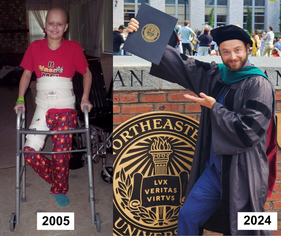 Nick during treatment; Nick at graduation with a Doctorate in Physical Therapy