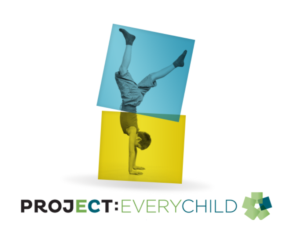 Boy doing a handstand. Next to the Project:EveryChild logo